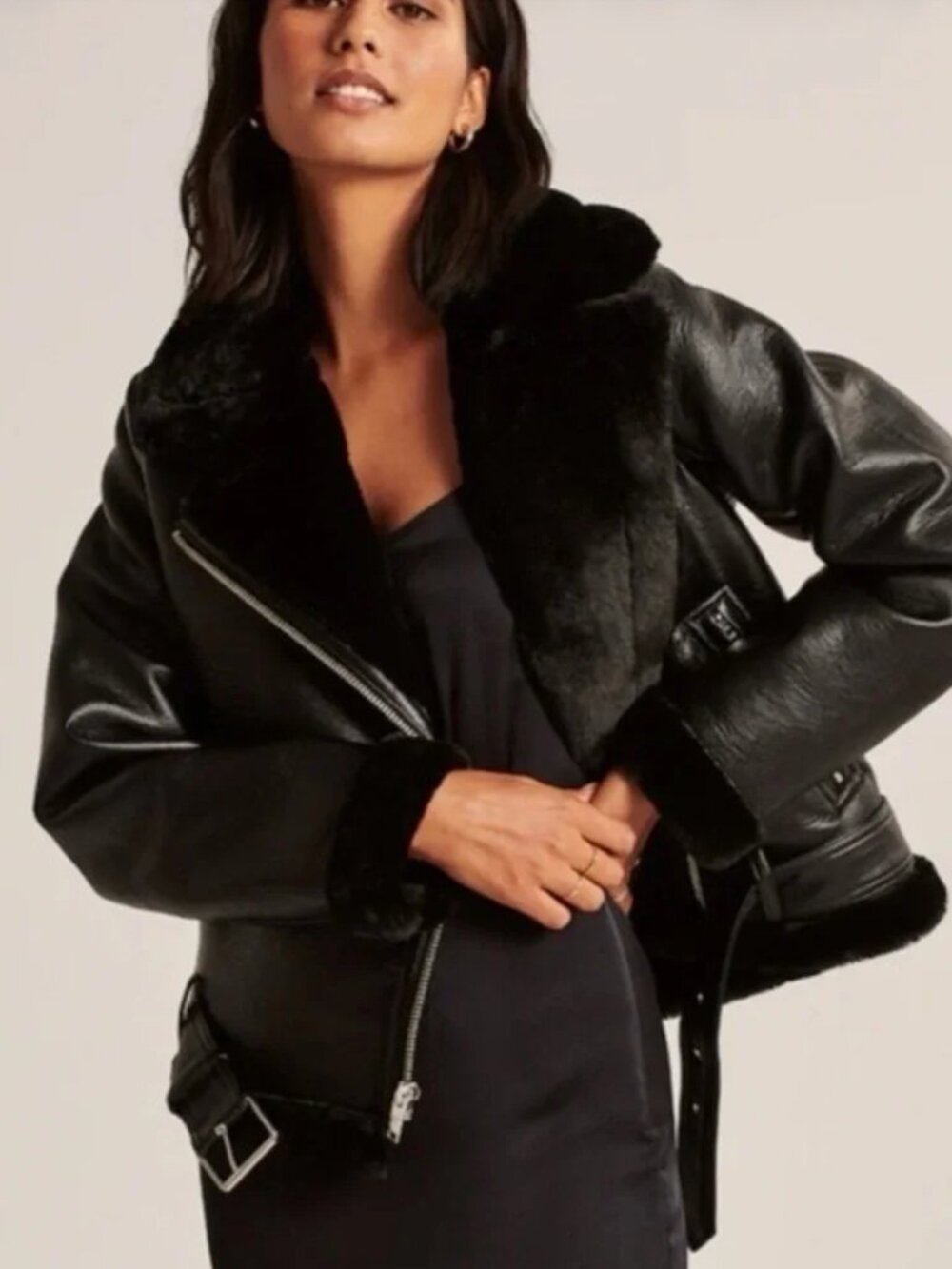 Abercrombie & Fitch Black Vegan Leather Shearling Jacket